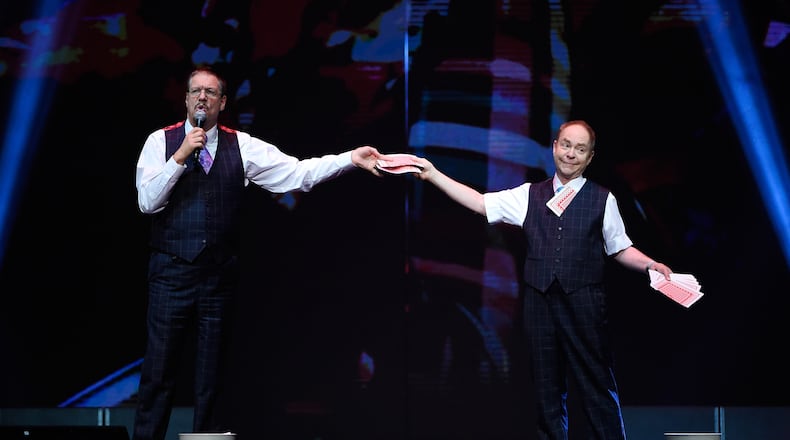 LAS VEGAS, NV - DECEMBER 01:  Penn Jillette (L) and Teller of the comedy/magic team Penn & Teller perform at the Vegas Strong Benefit Concert at T-Mobile Arena to support victims of the October 1 tragedy on the Las Vegas Strip on December 1, 2017 in Las Vegas, Nevada.  (Photo by David Becker/Getty Images)
