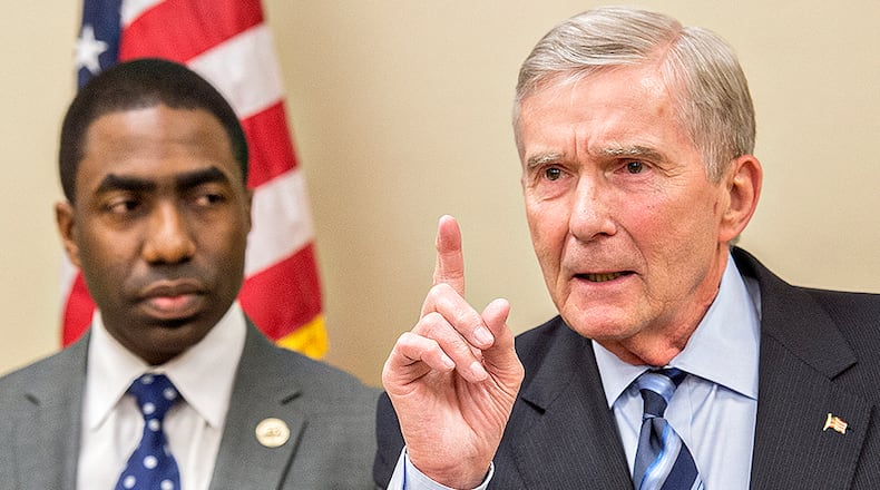 March 18, 2015 Atlanta - Former GA Attorney General and special investigator Mike Bowers (right) holds a press conference with Dekalb County CEO Lee May at the Balch & Bingham offices in Atlanta on Wednesday, March 18, 2015. Bowers has been called in to investigate corruption in DeKalb County. JONATHAN PHILLIPS / SPECIAL
