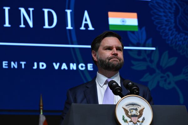 U.S. Vice President JD Vance delivers remarks at the Rajasthan International Centre in Jaipur, India, Tuesday, April 22, 2025. (Kenny Holston/The New York Times via AP, Pool)