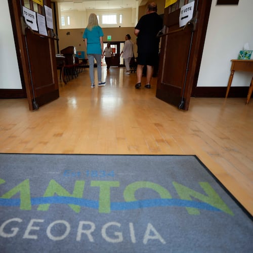 Polling workers and voters are observed inside Canton City Hall during the special election for the state senate seat in Cherokee on Tuesday, August 26, 2025, to fill the remainder of former state Sen. Brandon Beach’s term, which runs through January 2027.
(Miguel Martinez/AJC)