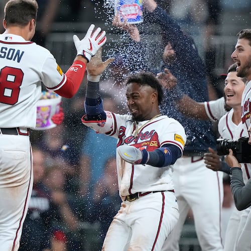 Braves first baseman Matt Olson celebrates hitting a walk-off two run home run against the Tigers on Wednesday, April 29, 2026, in Atlanta. Something about this group feels different from their other recent teams. (Brynn Anderson/AP)