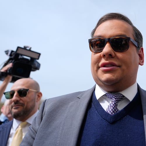 FILE - Former Rep. George Santos arrives at federal court for sentencing, April 25, 2025, in Central Islip, N.Y. (AP Photo/Julia Demaree Nikhinson, File)
