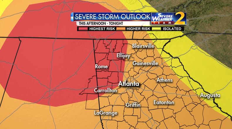 The risk of strong to severe storms is highest in west Georgia Monday.