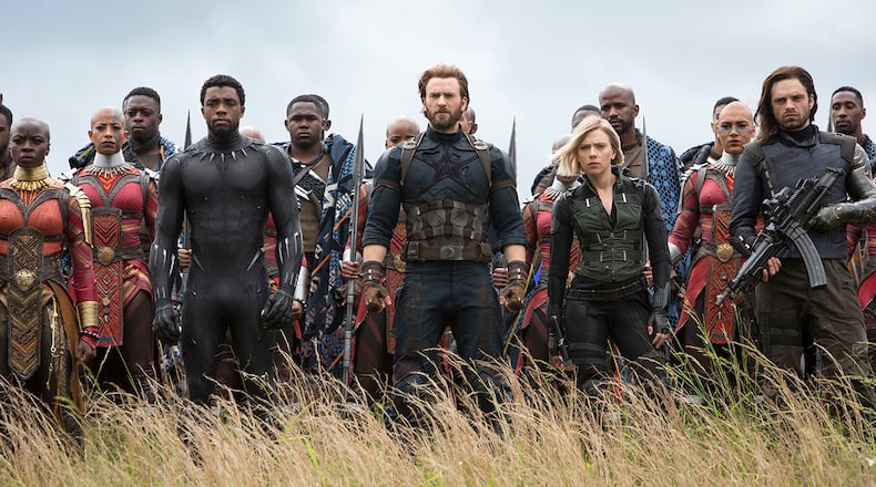Marvel Studios' "Avengers: Infinity War" L to R: Okoye (Danai Gurira), Black Panther/T'Challa (Chadwick Boseman), Captain America/Steve Rogers (Chris Evans), Black Widow/Natasha Romanoff (Scarlet Johansson) and Winter Soldier/Bucky Barnes (Sebastian Stan).