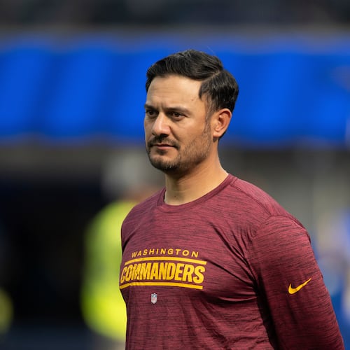 FILE - Washington Commanders quarterbacks coach Tavita Pritchard watches his players before an NFL football game against the Los Angeles Rams, Dec. 17, 2023, in Inglewood, Calif. (AP Photo/Kyusung Gong, File)