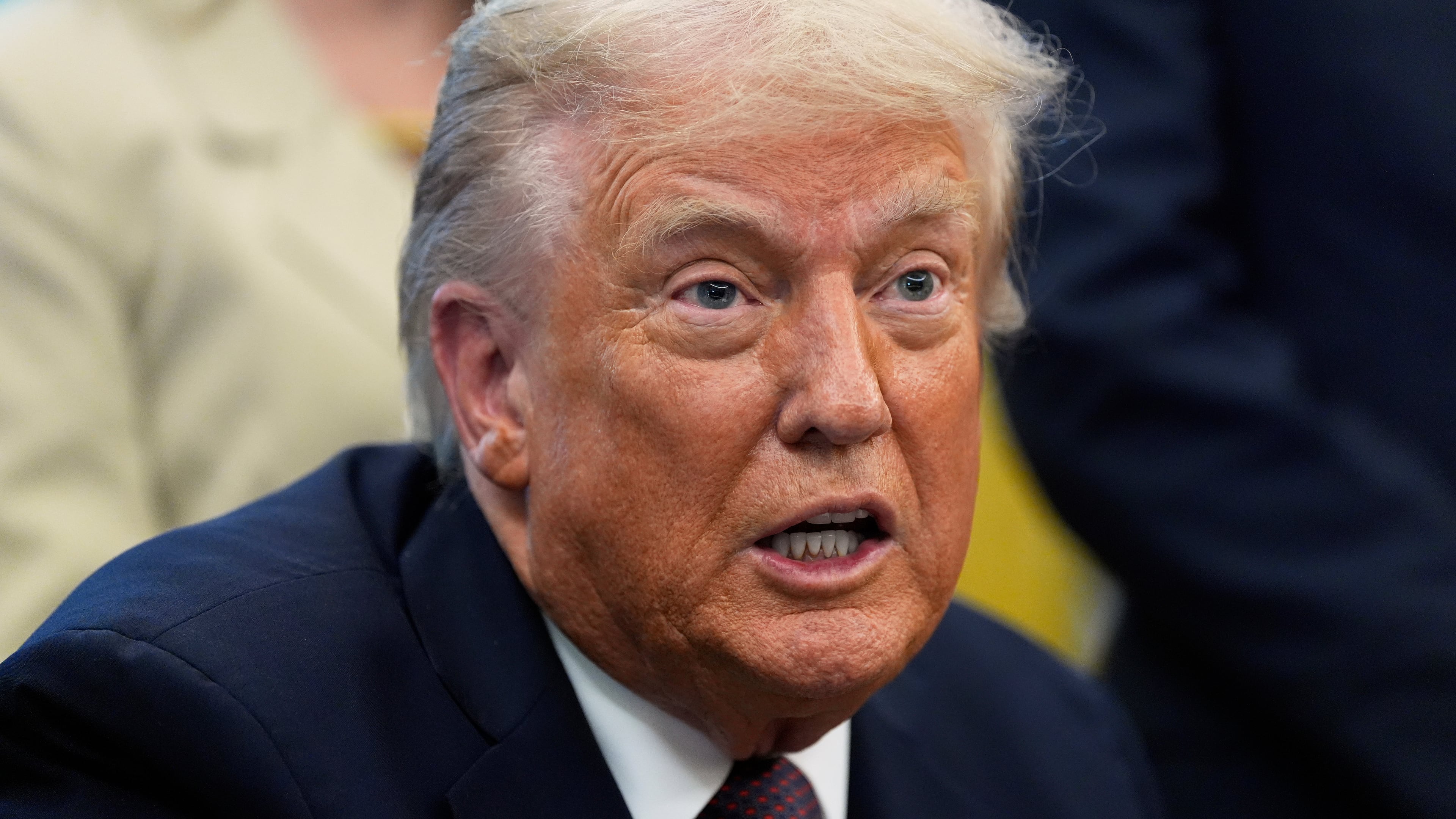 President Donald Trump speaks in the Oval Office of the White House, Monday, Sept. 15, 2025, in Washington. (AP Photo/Alex Brandon)