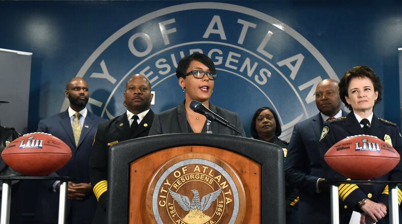 Atlanta Mayor Keisha Lance Bottoms speaks as she stands with members of the Public Safety Executive Steering Committee for Super Bowl LIII during a press conference at Atlanta Public Safety Headquarters in Atlanta on Tuesday, January 15, 2019.