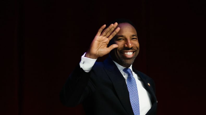 Mayor Andre Dickens, the 61st mayor of Atlanta, waves to guests during the 2024 State of the City address on Monday, March 25, 2024, at the Woodruff Arts Center in Atlanta. (Miguel Martinez/AJC)