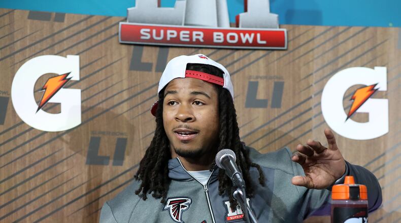 Falcons running back Devonta Freeman takes questions on Super Bowl Opening Night on Monday, Jan. 30, 2017, at Minute Maid Park in Houston.