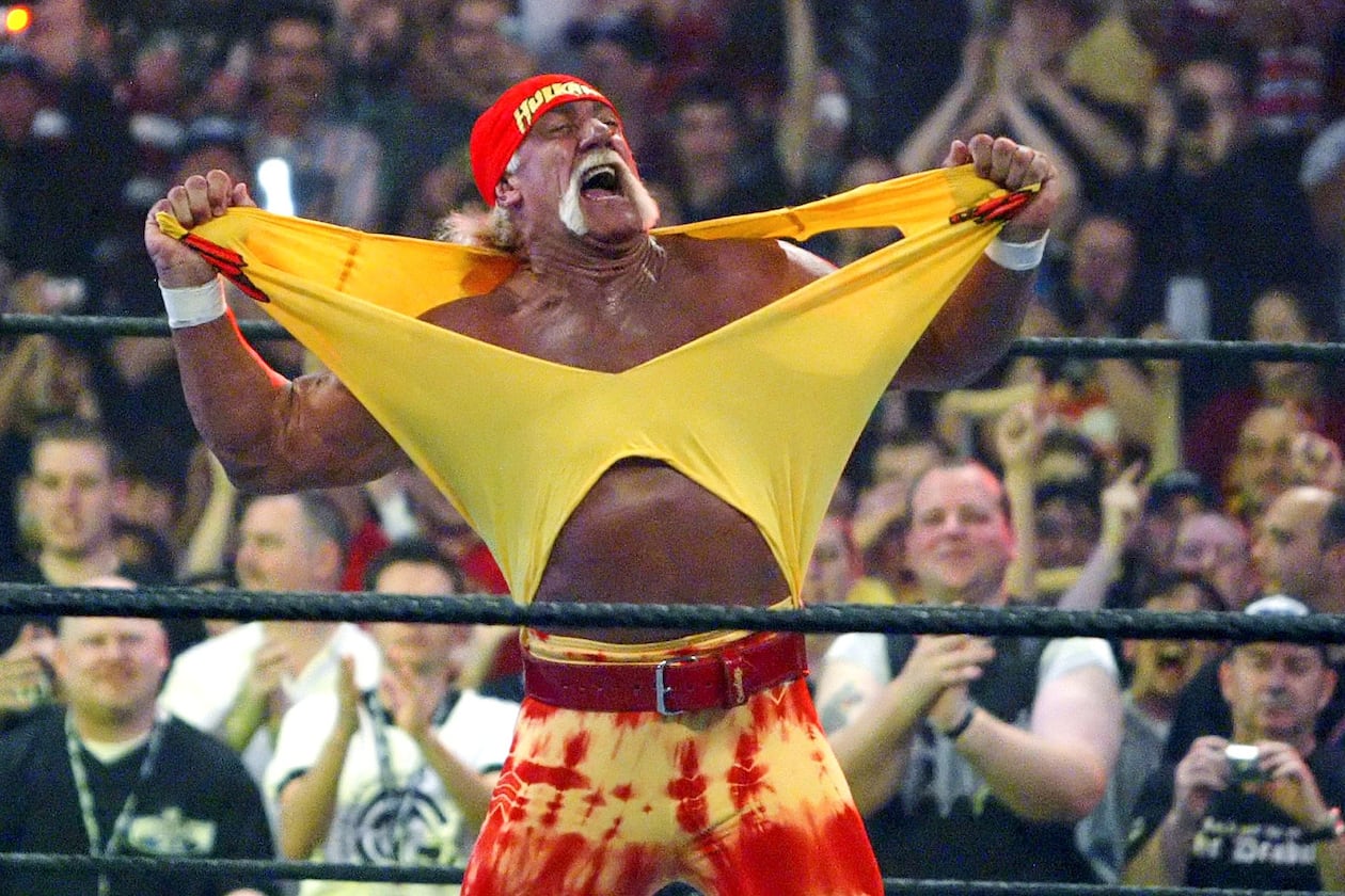 FILE - Famed wrestler Hulk Hogan fires up the crowd between matches during WrestleMania 21 in Los Angeles, April 3, 2005. (AP Photo/Chris Carlson, File)