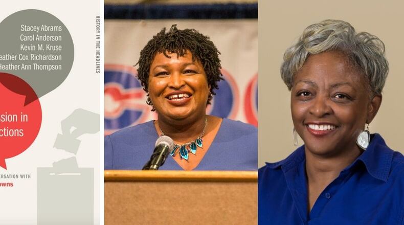 Former Georgia gubernatorial candidate Stacey Abrams (center) and Emory professor Carol Anderson contribute essays to “Voter Suppression in U.S. Elections.” Contributed by UGA Press/AJC file