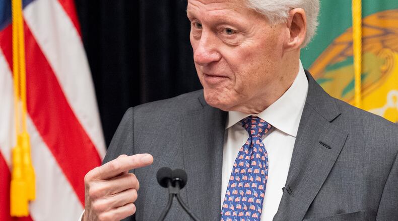 FILE - Former President Bill Clinton speaks in the Cash Room of the Treasury Department during an event for the anniversary of the Community Development Financial Institutions Fund,, Nov. 21, 2024, in Washington. (AP Photo/Jacquelyn Martin, File)