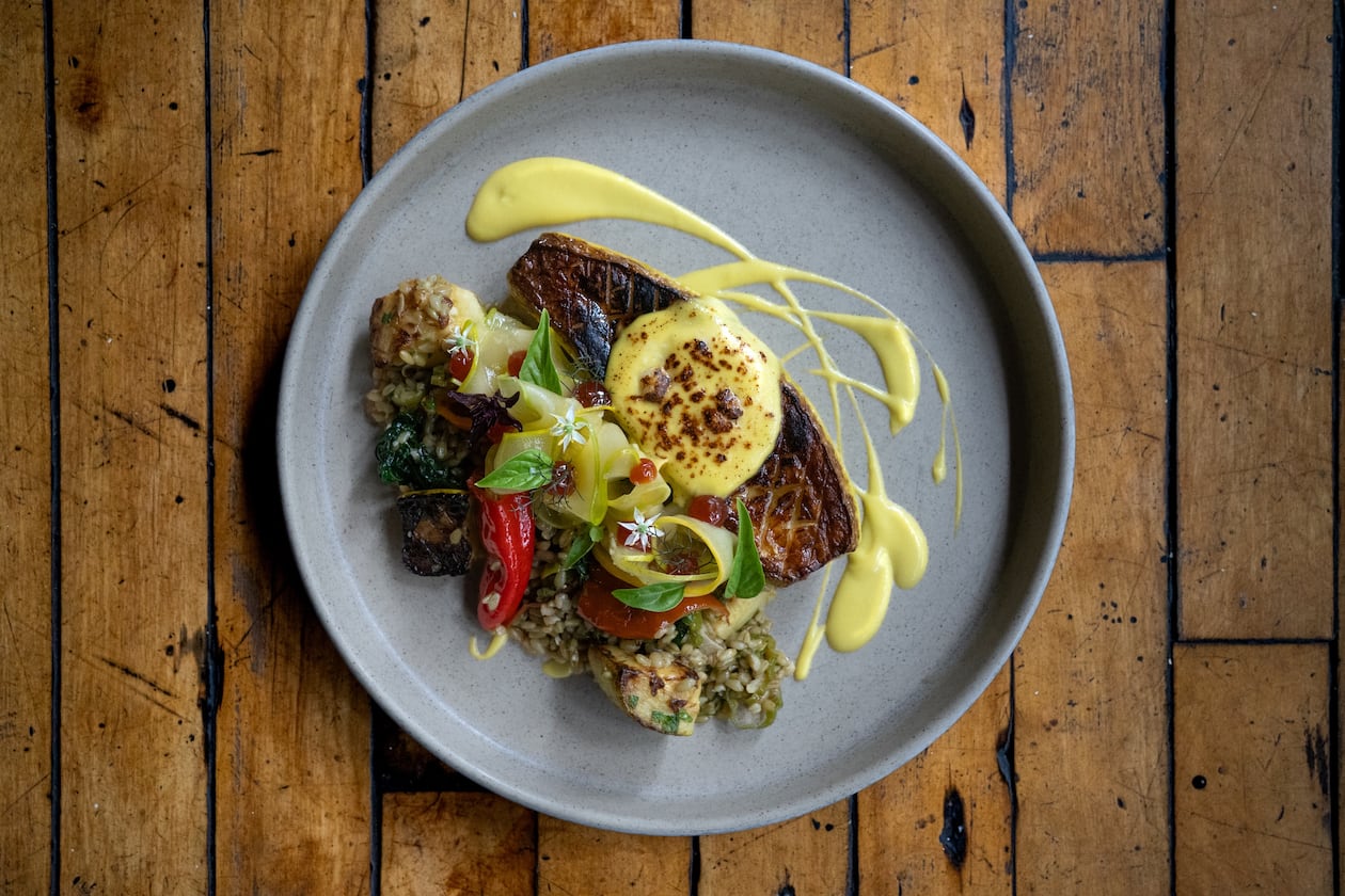 A squash entree plated with dramatic sweeps of sauce, shown on a wooden table.
