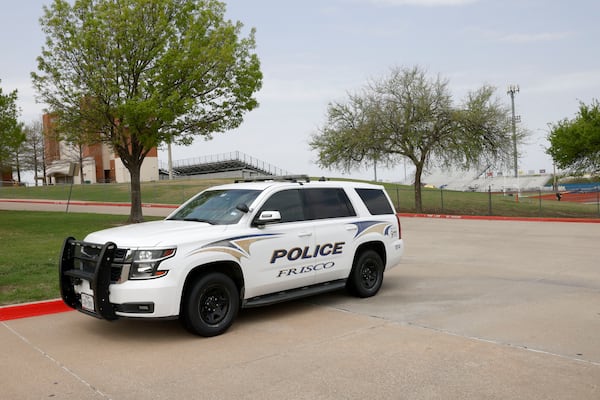 A Frisco police cruiser is seen in front of the David Kuykendall Stadium, Wednesday, April 2, 2025, in Frisco, Texas. (Chitose Suzuki/The Dallas Morning News via AP)