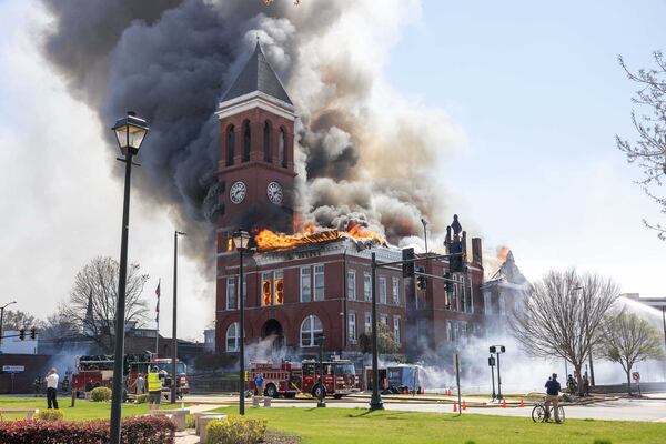 Firefighters combat a blaze at the historic Floyd County Courthouse in downtown Rome on Monday, March 23, 2026. (Courtesy of Ryan Smith)