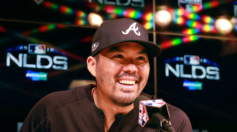 Atlanta Braves catcher Kurt Suzuki speaks to the media before Game 2 of the NLDS against the Los Angeles Dodgers in October. (Curtis Compton/ccompton@ajc.com)