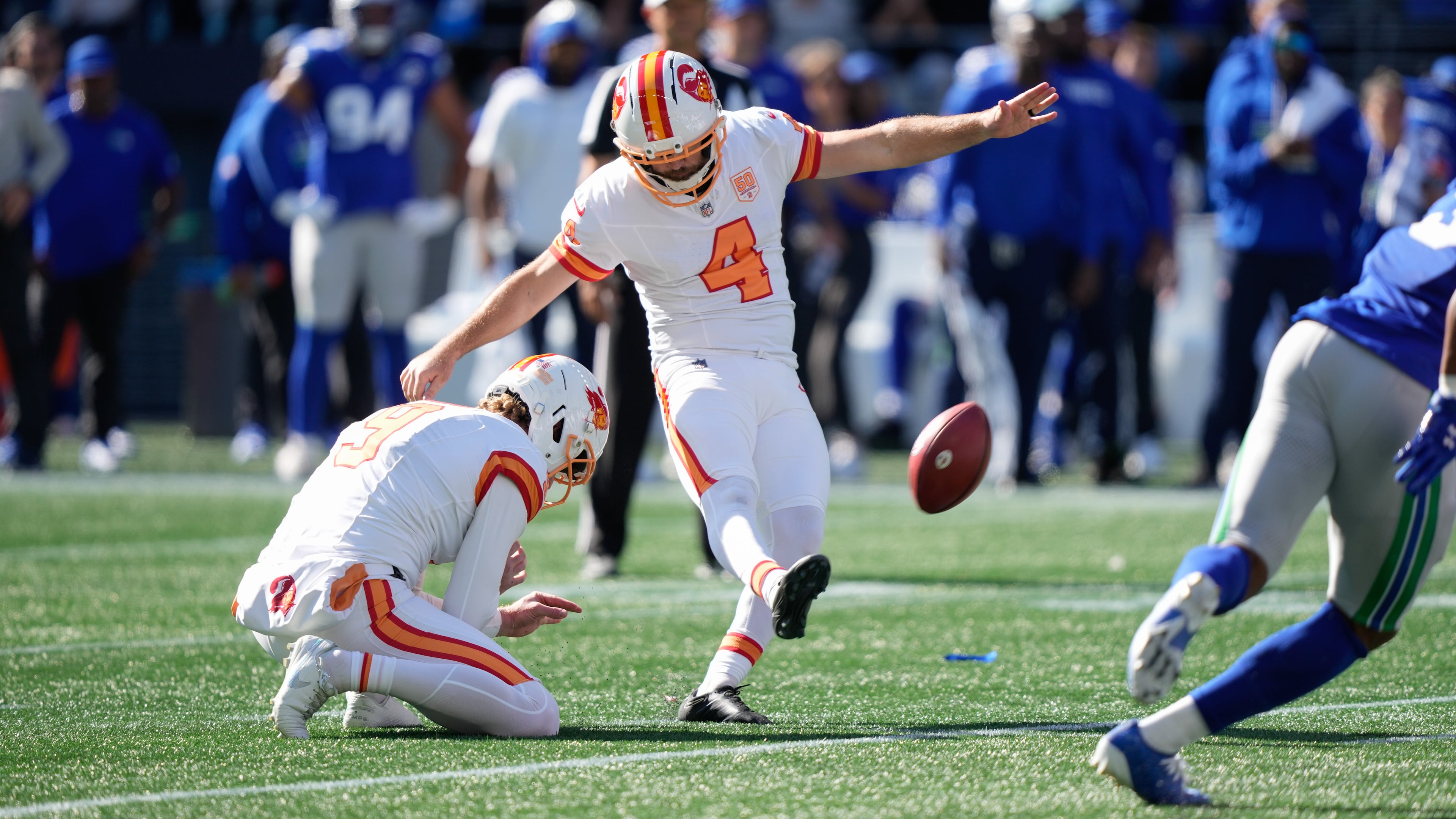 Tampa Bay Buccaneers place-kicker Chase McLaughlin (4) kicks a field goal during the first half of an NFL football game against the Seattle Seahawks, Sunday, Oct. 5, 2025, in Seattle. (AP Photo/Stephen Brashear)