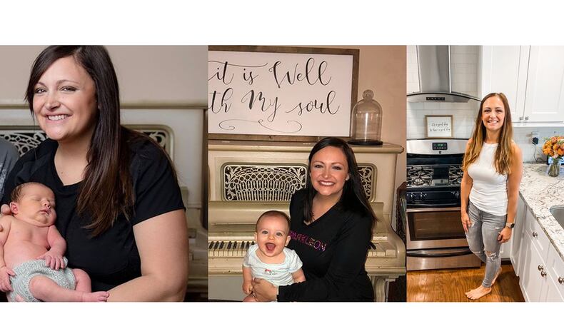 Lauren Bradley's previous "before" photo (left) was taken in June 2017 with her 1-week-old son, Jacob. Her previous "after" photo (center) was taken in March 2018, also with Jacob. The photo on the right was taken this June of Bradley, 36. (Courtesy of VI Photography, victoriainman.com, and Lauren Bradley)