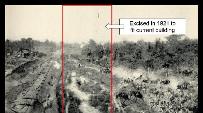 This section of the Cyclorama, an estimated 6 feet wide by 50 feet high, was trimmed in 1921 when the painting was moved into a new building in Grant Park. Depicting an aspect of the Battle of Atlanta, it will re-created as part of the Cyclorama's restoration before it goes on view at the Atlanta History Center. CONTRIBUTED BY ATLANTA HISTORY CENTER