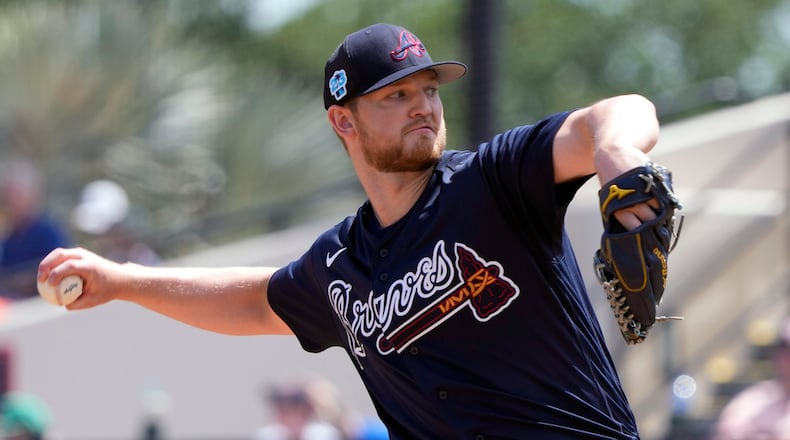 Atlanta Braves' Michael Soroka pitches against the Detroit Tigers in the first inning of a spring training baseball game, Wednesday, March 22, 2023, in Lakeland, Fla. (AP Photo/John Raoux)