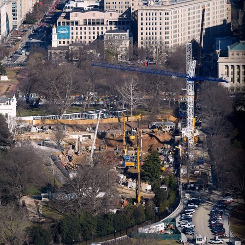 FILE - Marine One, with President Donald Trump aboard, lifts off the South Lawn, Tuesday, Jan. 13, 2006 at the White House in Washington. The new ballroom construction can be seen on the right. (AP Photo/Pablo Martinez Monsivais, File)