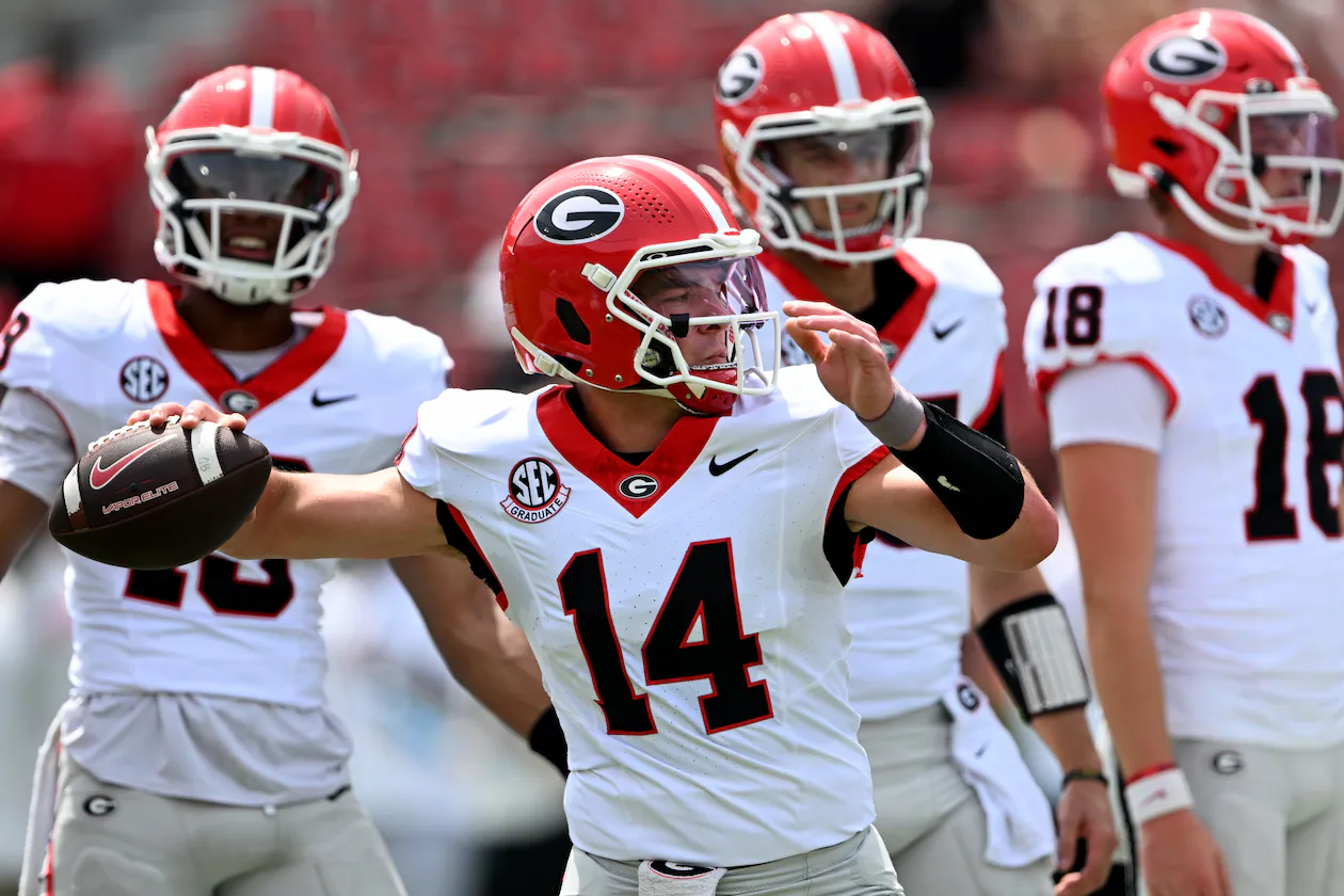 Georgia quarterback Gunner Stockton warms up during 2026 G-Day spring football game at Sanford Stadium, Saturday, April 18, 2026, in Athens. (Hyosub Shin/AJC)