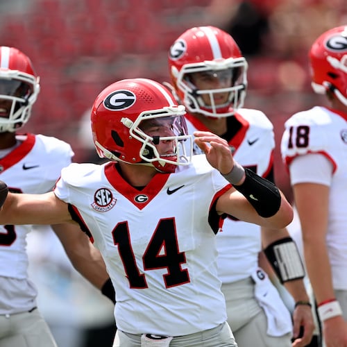 Georgia quarterback Gunner Stockton warms up during 2026 G-Day spring football game at Sanford Stadium, Saturday, April 18, 2026, in Athens. (Hyosub Shin/AJC)