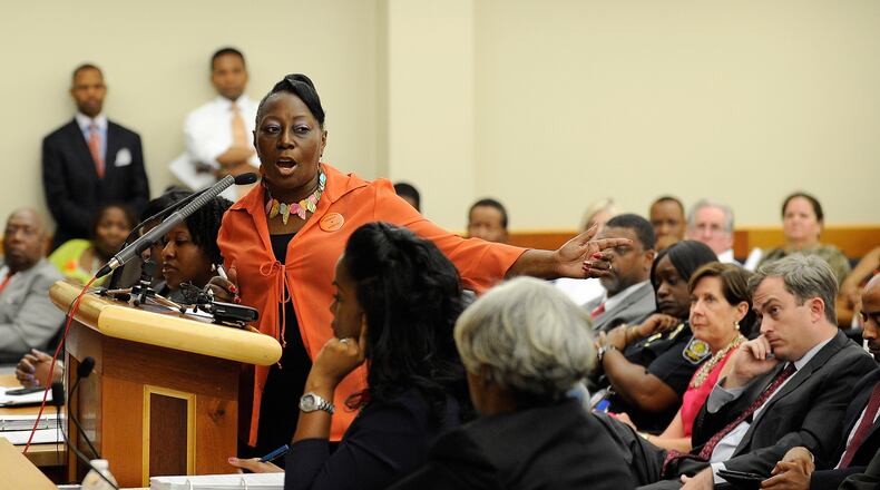 Former Georgia representative Roberta Abdul-Salaam makes a presentation for a referendum to join MARTA for the November ballot during a meeting of Clayton County's Board of Commissioners Tuesday, July 1, 2014, in Jonesboro, Ga. If approved by voters, the transportation measure would usher in the first additional county since the inception of the transit authority. David Tulis / AJC Special
