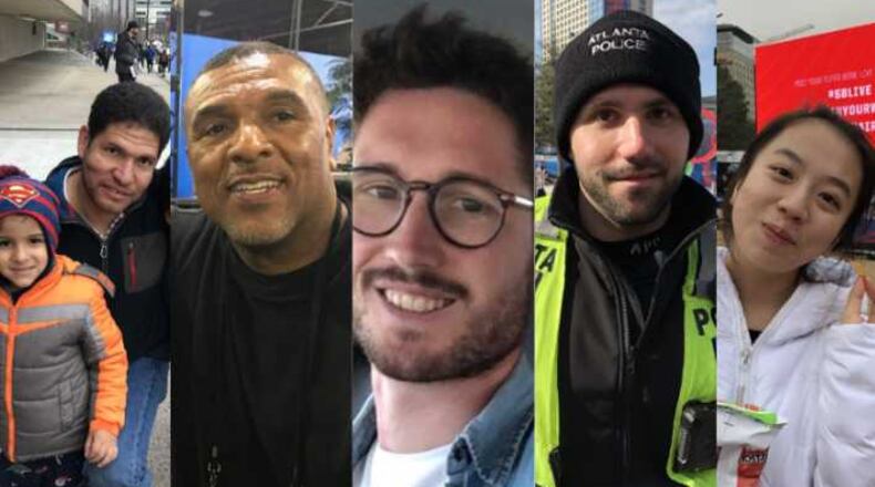 These are Tuesday's five faces in a Super Bowl crowd of thousands, left to right: Carlos Serrano with one of his sons, Tracy Oden, Anthony Mautret, Atlanta Police Officer Matt Mason and Yulin Guo.