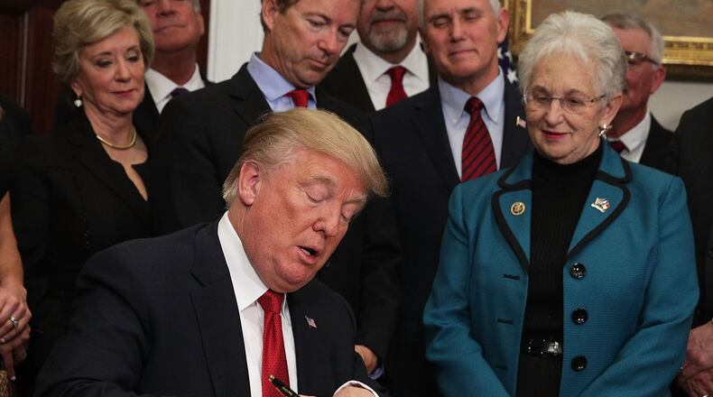 President Donald Trump signs an executive order Thursday as U.S. Sen. Rand Paul, R-Ky., Vice President Mike Pence and U.S. Rep. Virginia Foxx, R-N.C., look on during an event in the Roosevelt Room of the White House. President The executive order loosens restrictions in the Affordable Care Act “to promote healthcare choice and competition.” (Photo by Alex Wong/Getty Images)