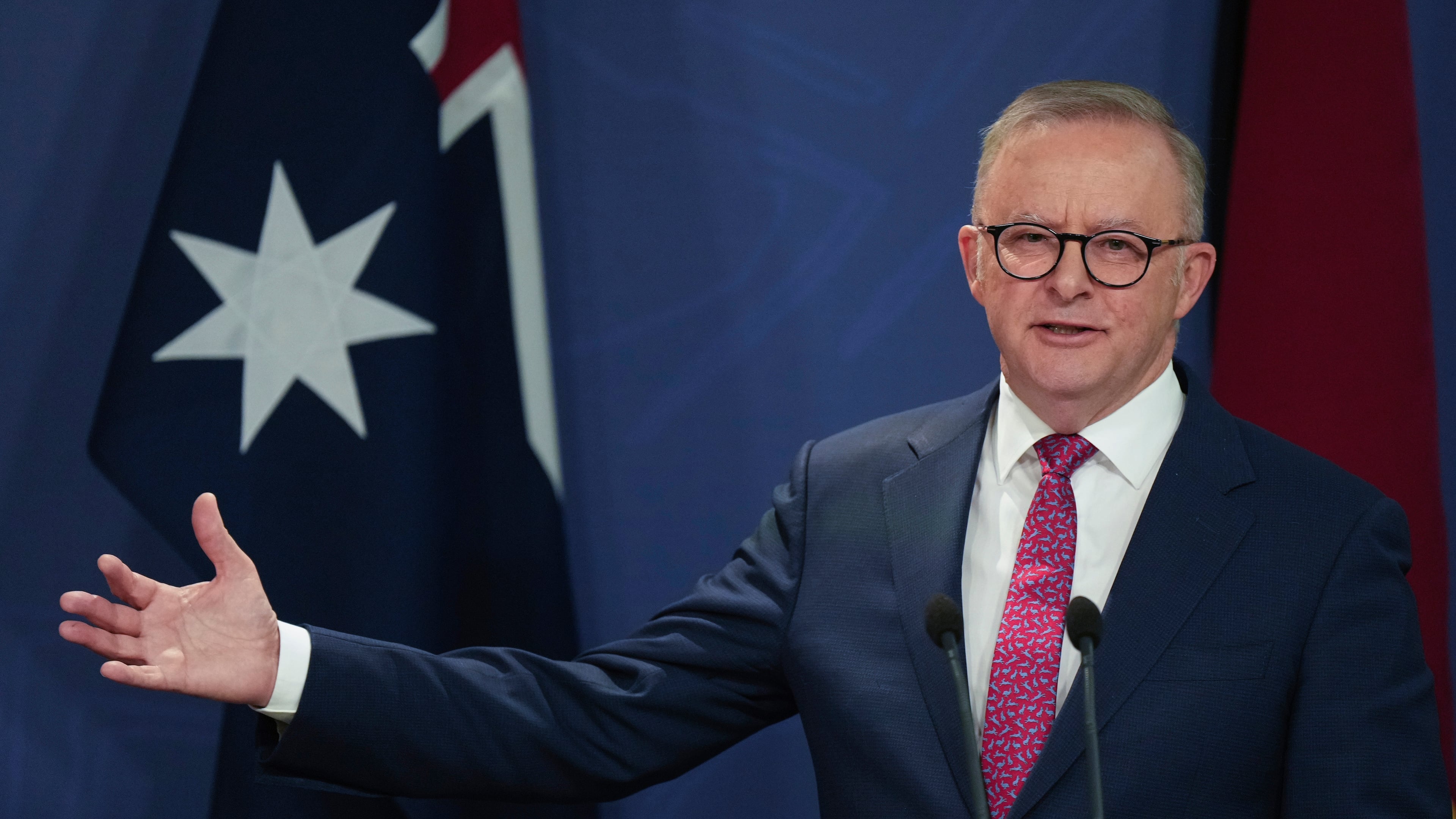 FILE - Australian Prime Minister Anthony Albanese gestures during a press conference in Sydney, Australia, Dec. 12, 2024. (AP Photo/Mark Baker, File)