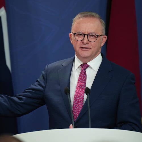 FILE - Australian Prime Minister Anthony Albanese gestures during a press conference in Sydney, Australia, Dec. 12, 2024. (AP Photo/Mark Baker, File)