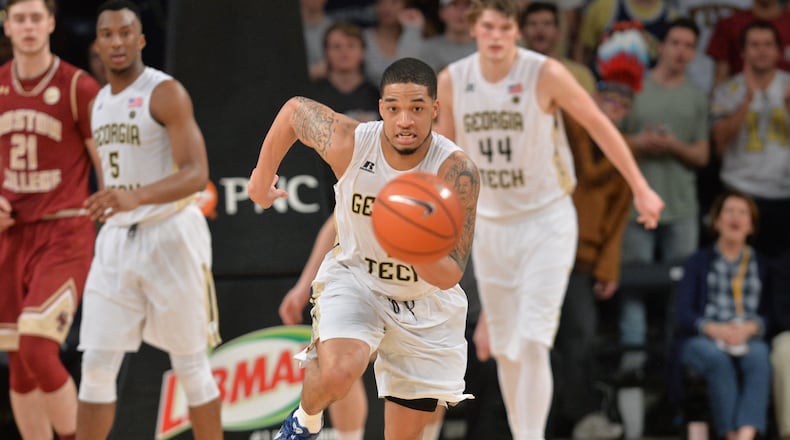 Georgia Tech’s guard Tadric Jackson (1) brings the ball upcourt in a basketball game at McCamish Pavilion on Saturday, Feb. 11, 2017. Georgia Tech won 65-54 over the Boston College. HYOSUB SHIN / HSHIN@AJC.COM
