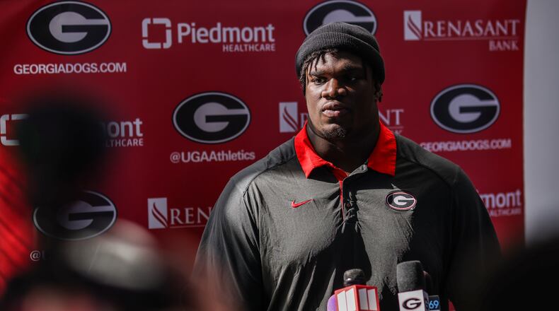 Georgia defensive lineman Jordan Davis speaks to reporters during a press conference at the Butts-Mehre Heritage Hall in Athens, Ga., on Monday, Nov. 15, 2021. (Photo by Mackenzie Miles/UGA Atheltics)