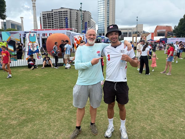 Ashley Drew and his 24-year-old son Ethan traveled from England to root on their team during the World Cup. So far, Atlanta is their favorite city, they said. (Andre Butso/AJC)