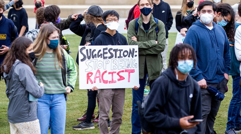 Students protest what they call censorship legislation at Liberty Plaza near the Capitol Friday, Feb. 25, 2022. The Georgia Senate approved controversial legislation Friday that bans certain ways of talking about race in K-12 classrooms. (Steve Schaefer for The Atlanta Journal-Constitution)
