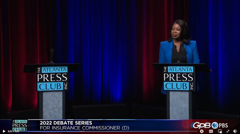 Janice Laws Robinson appears at a debate for the Democratic nomination for Georgia insurance and safety fire commissioner. Her runoff opponent, Raphael Baker, chose not to attend.