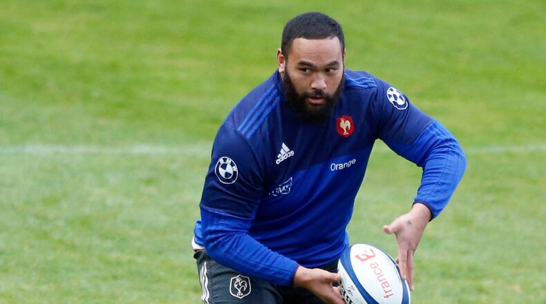 FILE -France's rugby player Uini Atonio attends a training session at the National Rugby Center in Marcoussis, south of Paris, Feb. 23, 2016. (AP Photo/Francois Mori, File)