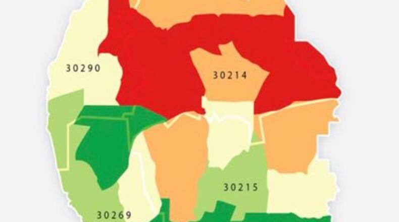 A “State of the Children in Fayette County” study indicated that children in certain areas of northern Fayette County (in red) are less likely to have access to regular health care. Courtesy Fayette FACTOR