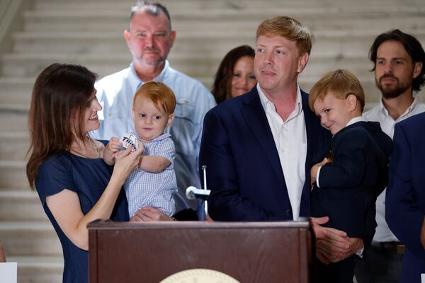State Sen. Blake Tillery, R-Vidalia, along with his family and supporters, speaks at the south steps inside the State Capitol to kick off his campaign for lieutenant governor on Monday, August 11, 2025.
(Miguel Martinez/ AJC)