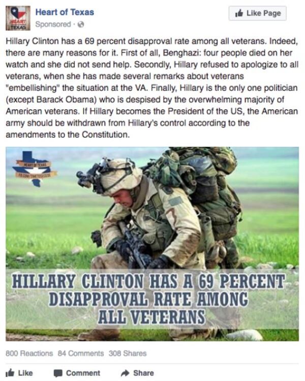 A Russian-made group called “Heart of Texas” targets veteran supporters and attacks Hillary Clinton.
