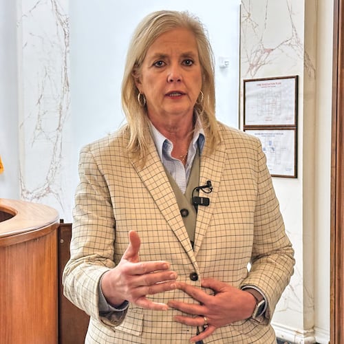 Missouri Attorney General Catherine Hanaway speaks to reporters on Wednesday, Nov. 19, 2025, at her office in Jefferson City, Mo. (AP Photo/David A. Lieb)