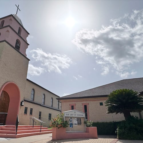 The sun beams over the Our Lady of Sorrows Church in McAllen, Texas, Monday, June 29, 2026. (AP Photo/Valerie Gonzalez)