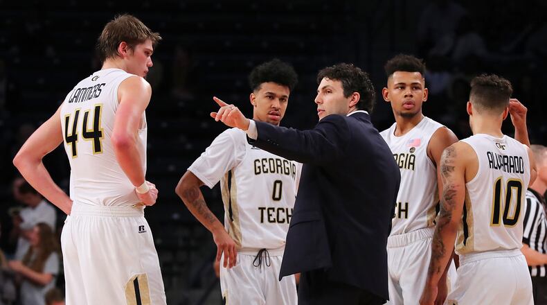 Georgia Tech coach Josh Pastner coaches up his players against Bethune-Cookman on Sunday, November 19, 2017, in Atlanta. Curtis Compton/ccompton@ajc.com