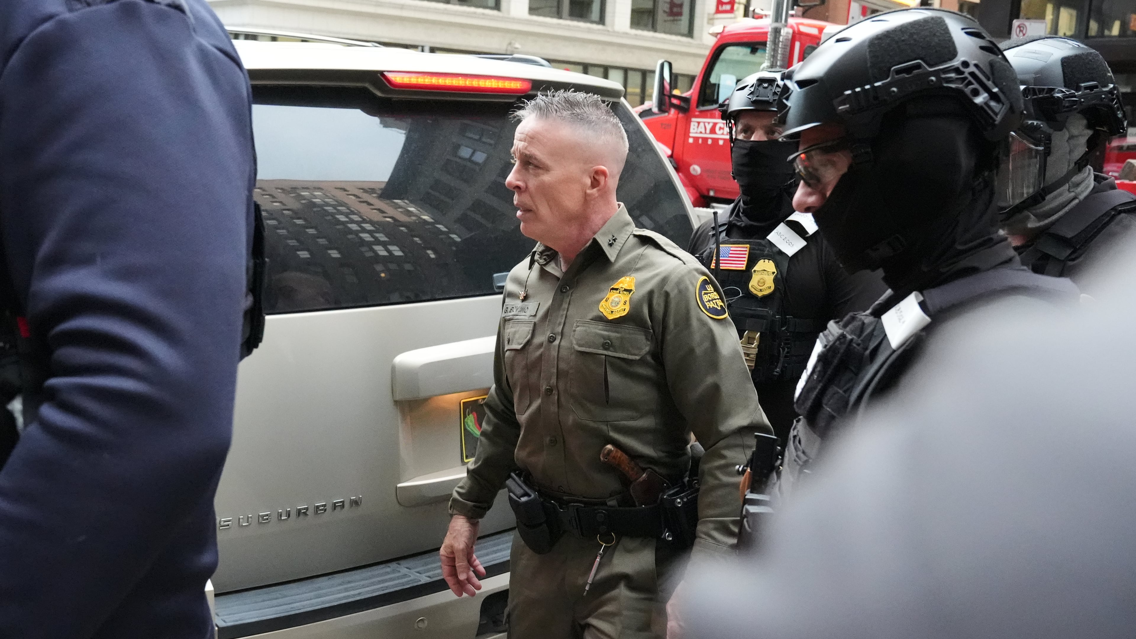 U.S. Customs and Border Patrol Gregory Bovino arrives outside federal court in Chicago, Tuesday, Oct. 28, 2025. (AP Photo/Nam Y. Huh)