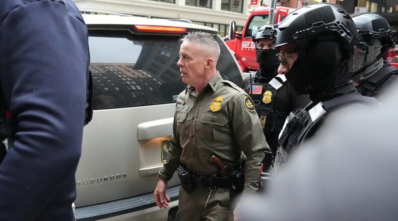 U.S. Customs and Border Patrol Gregory Bovino arrives outside federal court in Chicago, Tuesday, Oct. 28, 2025. (AP Photo/Nam Y. Huh)