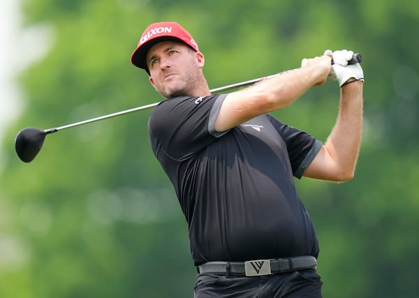 Canadian Taylor Pendrith hits his tee shot on the fifth hole during the second round of the Canadian Open golf tournament in Caledon, Ontario, Friday, June 6, 2025. (Nathan Denette/The Canadian Press via AP)
