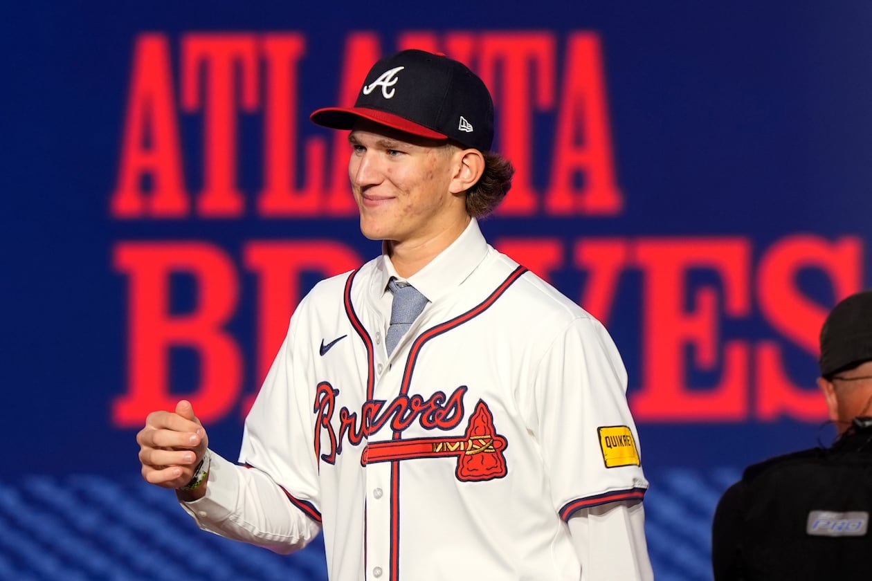 Cam Caminiti smiles after being selected 24th overall by the Atlanta Braves in the first round of the MLB baseball draft in Fort Worth, Texas, on Sunday, July 14, 2024. (LM Otero/AP)