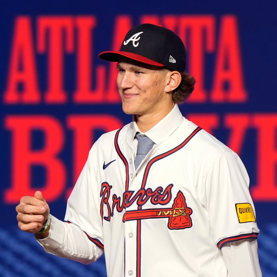 Cam Caminiti smiles after being selected 24th overall by the Atlanta Braves in the first round of the MLB draft in Fort Worth, Texas, on Sunday, July 14, 2024. (LM Otero/AP)
