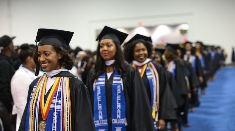 Spelman graduates enter the Spelman College commencement, Sunday, May 15, 2016, at the Georgia International Convention Center in College Park. BRANDEN CAMP/SPECIAL Spelman graduates enter the Spelman College commencement, Sunday, May 15, 2016, at the Georgia International Convention Center in College Park. BRANDEN CAMP/SPECIAL